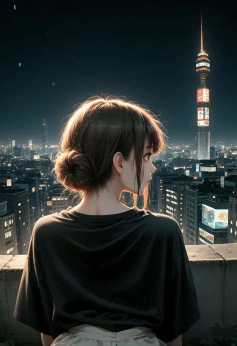 girl in black top sits on edge of skyscraper, from studio ghibli, cityscape, detailed illustration, official art, in kawashi sty...