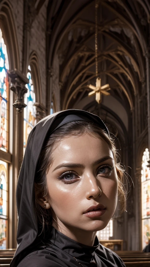 ((Beautiful Face:1.2)),((realistic:1.2)),Nuns, cross, Bible, Gray Hair, church, Realistic and detailed eyes  