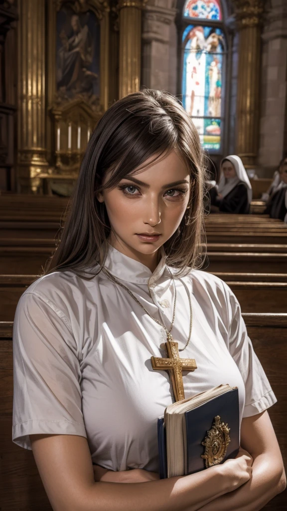 ((Beautiful Face:1.2)),((realistic:1.2)),Nuns, cross, Bible, Gray Hair, church, Realistic and detailed eyes  