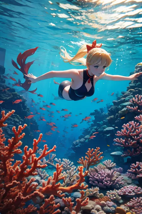 serene underwater scene for vibrant photorealistic coral reef video background。a beautiful woman with blonde hair and a big red ...