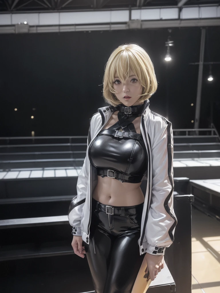 Shizuna、最high quality、high quality,, ((Masseter muscle area)), ((High resolution)), ((最high quality)), detailed, ((Glowing Skin)), ((huge 、Blonde、Short Bob))、(Shiny Black Bondage, Shiny black hot pants, White jacket), Voluptuous bust, Exposed navel, Bowl-shaped big breasts, Full body image:1.4, (View from the front、Looking at the audience:1.5)、((background:Bright room:1.4))