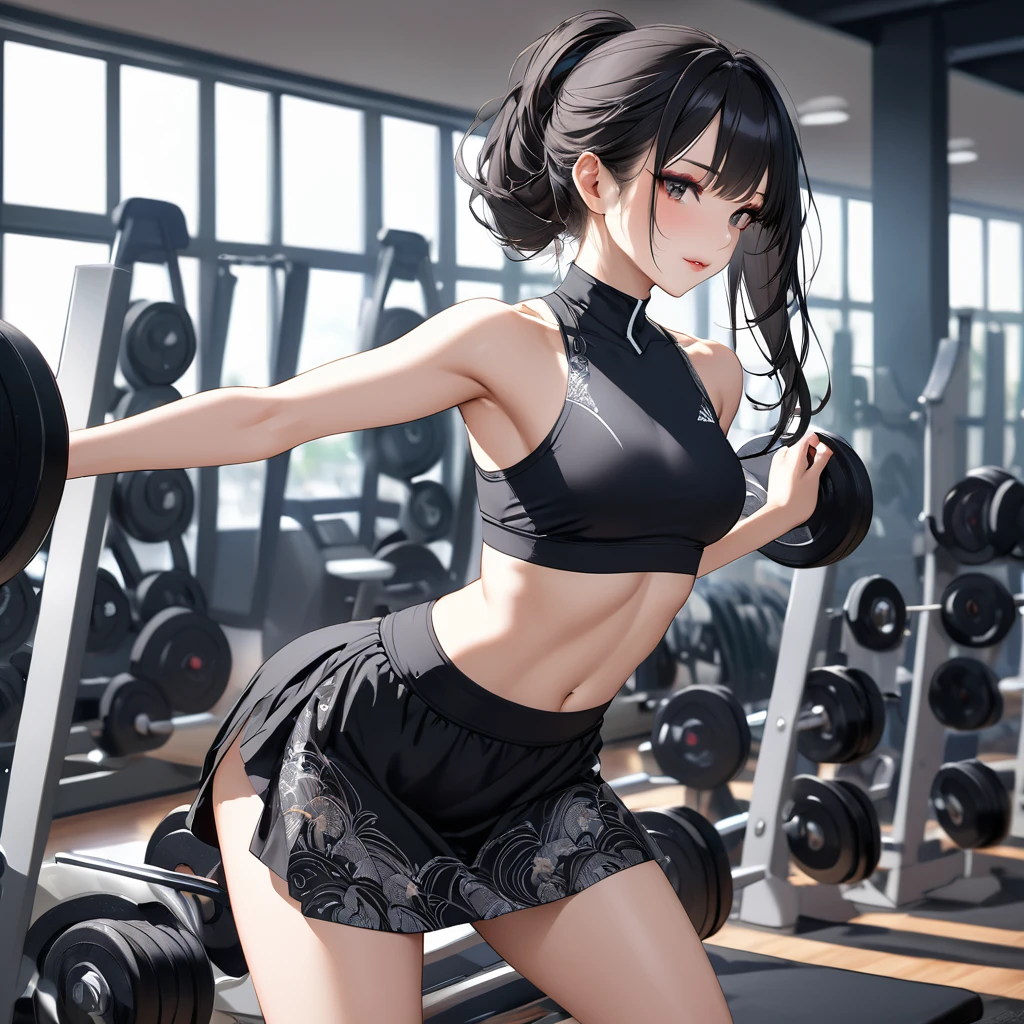 A young Japanese woman. In a short skirt and a very sensual top( intricate details), flowing black hair, makeup (intricate details).at the gym working out (intricate details). He&#39;s working out his legs (hyper-realistic, intricate details).her short skirt shows her panties while she is working out (intricate details, extremely detailed). The young woman shows all her sensuality and youth (intricate details). She is sweating and her top is wet showing the full outline of her breast (intricate details, hyper-realistic, extremely intricate details). Style "Anime 8K" (extremely intricate details), HDR, UHD, full body (hyper-realistic, extremely intricate details, background ( vibrant colors, intricate details, extremely detailed, incredible details,  32K), expressive eyes (intricate details, bright), detailed character illustrations (intricate details), photorealistic, intricate details, hyper-realistic,extremely intricate details, highly detailed, vibrant colors. 