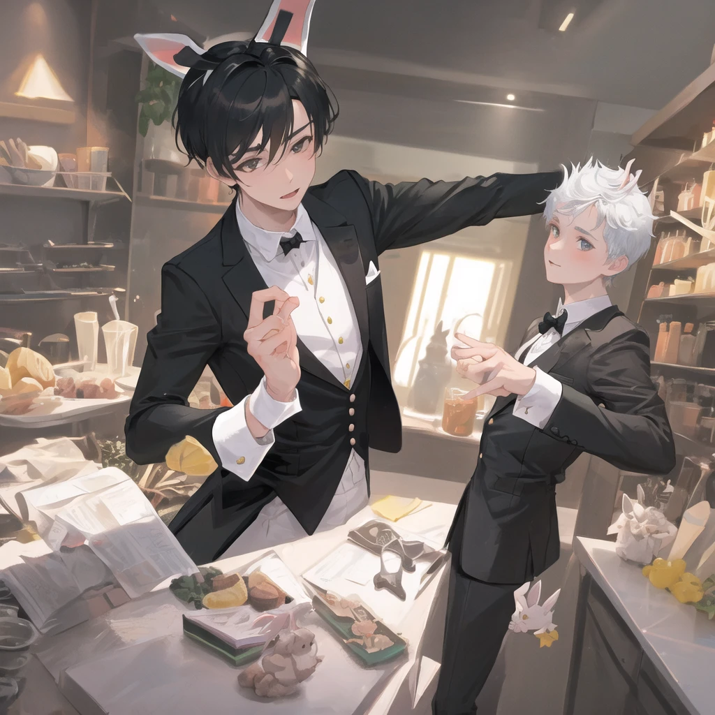 1 boy、Bunny ears、Butler&#39;s uniform、Upper body drawing、、Background Moon High Resolution, Anatomically correct, Shoulder-length hair、Layered Cut、Center-parted bangs、cool、20-year-old male、Yellow hair color、Red Eyes、Eye Level Shot, 