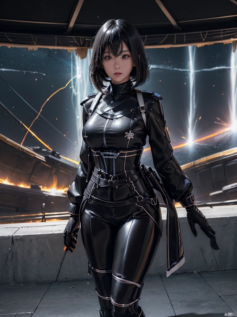 Shizuna、最high quality、high quality,, ((Masseter muscle area)), ((High resolution)), ((最high quality)), detailed, ((Glowing Skin)), ((huge 、Black-haired、Short Bob))、(Shiny Black Bondage, Shiny black hot pants, White jacket), Voluptuous bust, Exposed navel, Bowl-shaped big breasts, Full body image:1.4, (View from the front、Looking at the audience:1.5)、((background:Bright room:1.4))