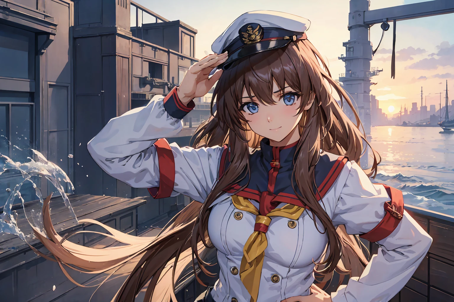 超High resolution, Anatomically correct, Super detailed, Attention to detail, Best Quality, Textured skin, masterpiece, Accurate, High resolution, Awards, Brown Hair, Hair that falls over the shoulders, Hair above the eyes, A light smile, Wink, Sailor, Sailor服, cap, Clean the deck of a battleship, With a deck brush on your shoulder, Salute, Hands on hips