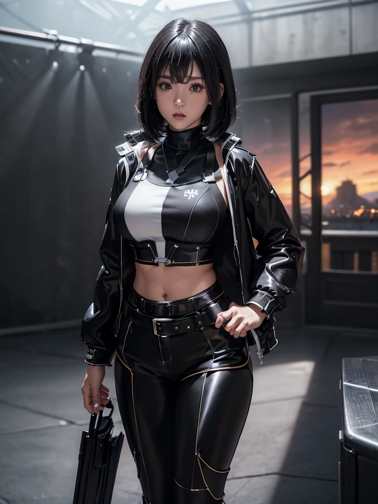 Shizuna、最high quality、high quality,, ((Masseter muscle area)), ((High resolution)), ((最high quality)), detailed, ((Glowing Skin)), ((huge 、Black-haired、Short Bob))、(Shiny Black Bondage, Shiny black hot pants, White jacket), Voluptuous bust, Exposed navel, Bowl-shaped big breasts, Full body image:1.4, (View from the front、Looking at the audience:1.5)、((background:Bright room:1.4))