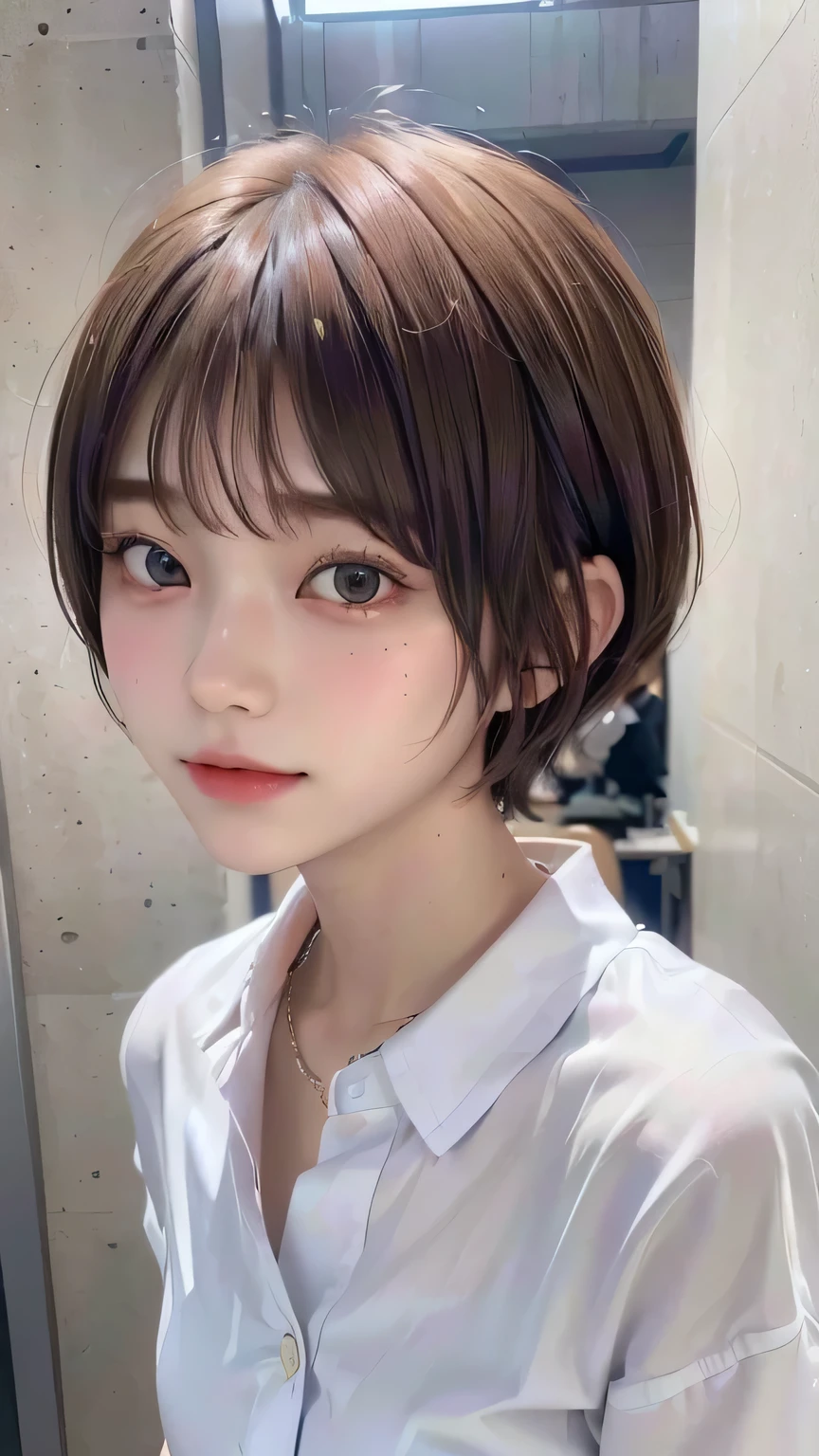 (Best Quality:1.3)、(Masterpiece:1.4)、Original photo、8k、((Best image quality))、 ((High resolution))、Beautiful face in every detail、Realistic human skin、Gentle expression、(Cute natural anime face)、(One Woman:1.3)、Realistic、Photorealistic、Short Hair、(Beautiful woman)、((Cool Japanese Girls))、(boyish:1.5)、mannish、((Beautiful woman))、(Beautiful Hair)、((Dark brown hair))、(Blushing:1.3)、(Fashion Model:1.3)、(Every woman admires her face:1.3)、((Her eyes are big))、20-year-old beauty、(Small face:1.3)、Small Head、((Long neck))、(High school girls)、uniform、(Japanese high school uniform)、(High school girlsのuniform)、((White button-up shirt))、(A shirt with a wide open chest)、Collared shirt、(necklace)、(The aspirations of young people)、(The center of attention in school:1.3 )、Everyone will love her、It looks like you can see her cleavage、Attractive lips、[[smile]]、(She has a great figure)