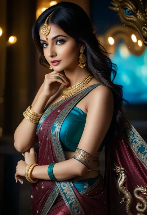 stunning photo of a stunning, attractive, very beautiful, gorgeous, very sexy lady in a kamasutra shiney diamond colour saree an...