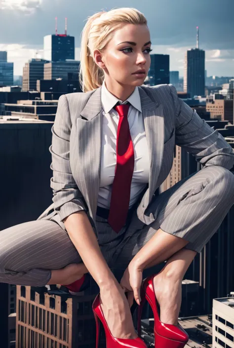 a curvaceous woman in light grey pinstriped three-piece suit, white shirt, big red paisley necktie, blonde ponytail, laying pose...