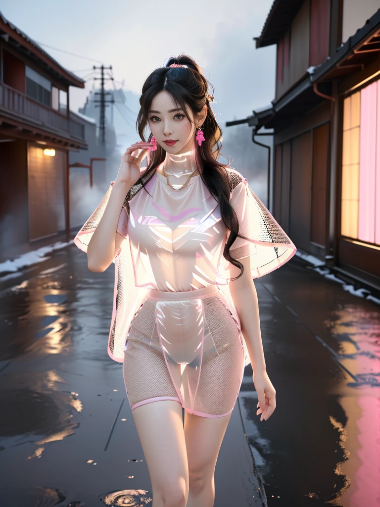 一个有着美丽脸庞的Sexy中国华裔女孩, Wearing revealing, transparent clothing, ((Light theme, Expose the subject))
(((Heavy rain, Doomsday ruins, Underground hot spring, Dilapidated buildings))),
((8K Ultra HD, 8K, Ultra-high resolution, Best quality, Super Fine, Clear focus. Masterpieces, complete pattern, Ultra HD, Detailed photos, Best image quality，Ultra-clear，Delicate facial features，Well-defined, Highly rated works, Close-up depth of field photography, Above the knee)), 
((Creating the image of a real girl), Realistic shadows, Soft lighting, Dynamic Angle, Dynamic poses, Elegant Posture, Cowboy lens, Full body front view, Be confident, Facing the camera, Eyes looking towards camera lens, Standing posture, Open your legs slightly, Golden Ratio Graphics, Minimalism, Center the character), 
( Smile, Sexy的, Balanced Eyes, Realistic eyes, Beautiful details of the eyes,Pretty Face, (Realistic face), Normal facial features, Realistic skin, Pay attention to skin details, Skin is clean and radiant, Whitening, Anatomically correct body, Golden ratio figure, Sexy的身材), 
(Perfect makeup, Gloves, earrings, bracelet, necklace, Jewelry, Hair accessories, shawl, sock, Knee socks, 吊garter, Leg ring, garter, 腿部garter), 
((beautiful hair), Dark black hair, Wavy curly hairstyle, Waist-length hair, Messy Hairstyle, Gradient hairstyles, Cyberpunk Hairstyle, High double ponytail hairstyle), 
((Transparent clothes: 1.5), (Revealing clothes: 1.5),  (Wet clothes:1.0), (Color of clothes: Pink), Wearing transparent clothing, (((Transparent pink mesh T-shirt))), (((Transparent pink mesh T-shirt下的比基尼))), (((Transparent pink mesh skirt))), (((Transparent pink mesh skirt下的黑色肩帶內褲)))), 
(Sexy的, Perfect breast shape, Teardrop chest shape, Snow-white breasts, Very detailed breasts, 36B cups), 
(Super high waist, Deep V, Low-cut, Sexy, Flattering, Open crotch, (Clear camel toe, High fork strangulation))
(((Clear outline, Clear underwear, 透明Sexy的穿着)))