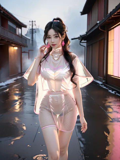 一个有着美丽脸庞的sexy中国华裔女孩, wearing revealing, transparent clothing, ((light theme, expose the subject))
(((heavy rain, doomsday ruins,...