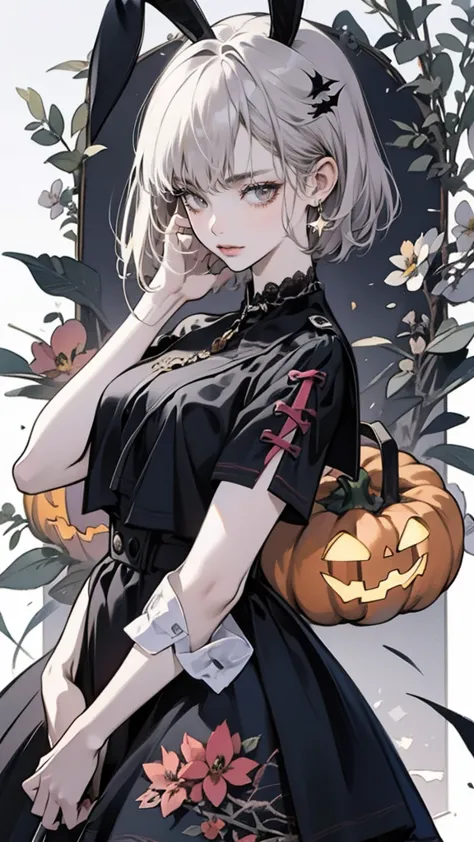 halloween,pumpkin, anime she have a short silver hair, pink long dress,pink eyes,pink bunny ears , beautiful face,random view,wi...