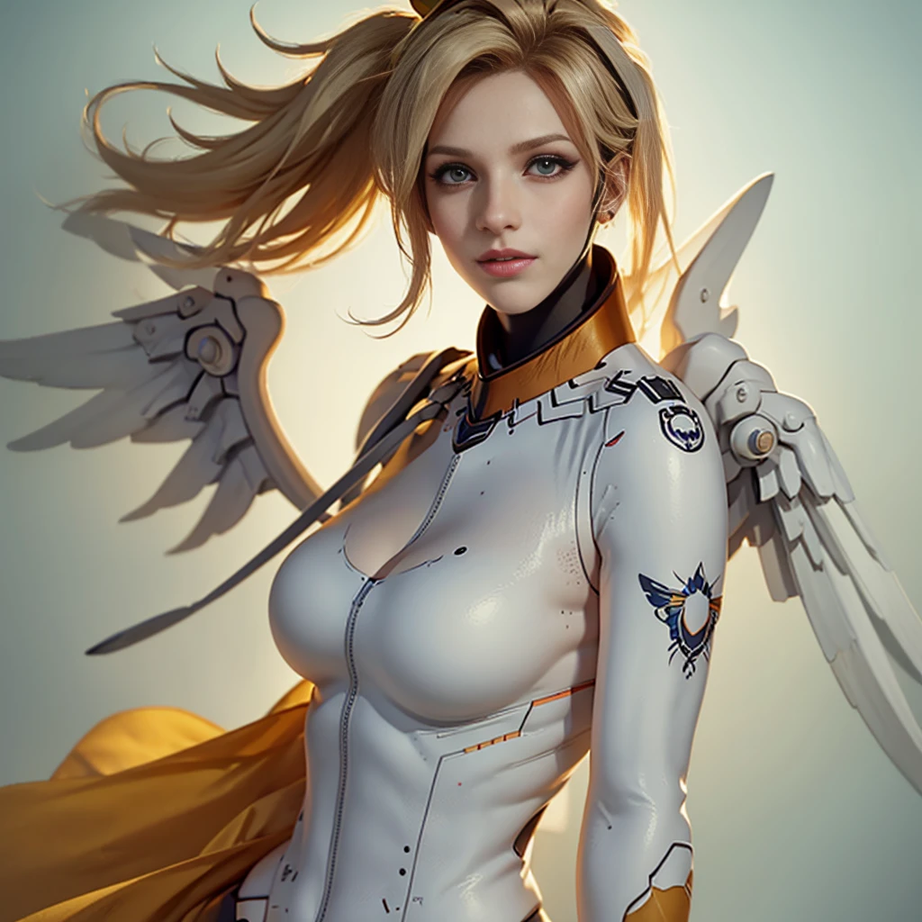 (masterpiece, best quality), intricate details, 1girl, solo, mercy (overwatch), mechanical halo, big breasts, Cleavage, Golden Eyes, blonde hair, pantyhose, mechanical wings, wings, Blue neon wings, halo, holding, bodysuit, brown pantyhose, lips, gloves, pelvic curtain, black gloves, cowboy shot, masterpiece, textured skin, super detail, high details, high quality, best quality