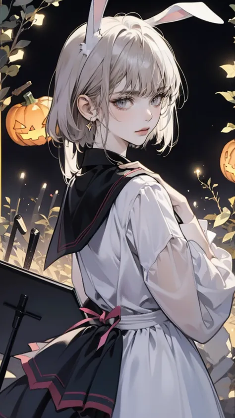 halloween,pumpkin, anime she have a short silver hair, pink long dress,pink eyes,pink bunny ears , beautiful face,random view,wi...