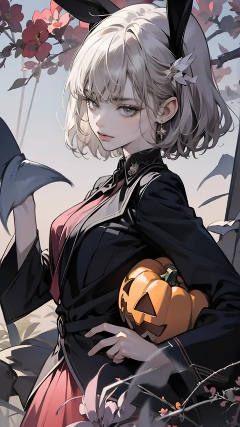 halloween,pumpkin, anime she have a short silver hair, pink long dress,pink eyes,pink bunny ears , beautiful face,random view,wi...