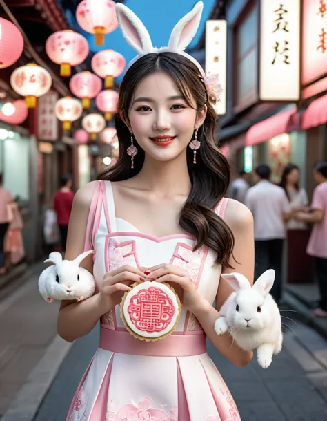 a beautiful young woman with delicate features, wearing a pink and white korean style outfit with intricate traditional chinese ...