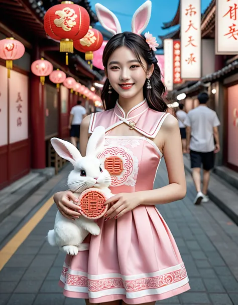 a beautiful young woman with delicate features, wearing a pink and white korean style outfit with intricate traditional chinese ...