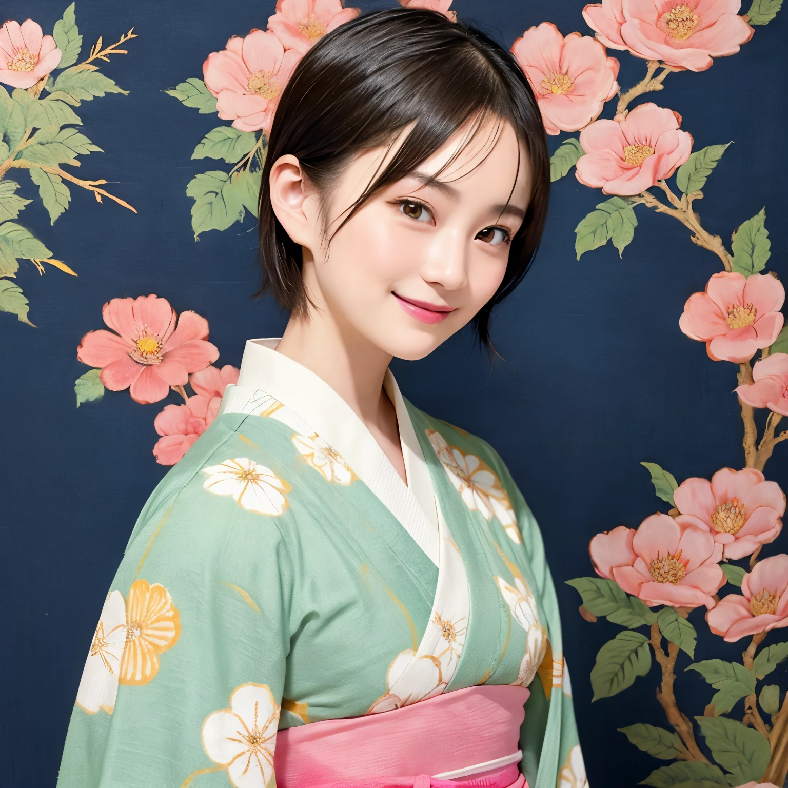 288 (20-year-old woman,Short Hair) , (A kind smile) , (kimono), (colorful), (Japanese painting by Uemura Shōen), flower