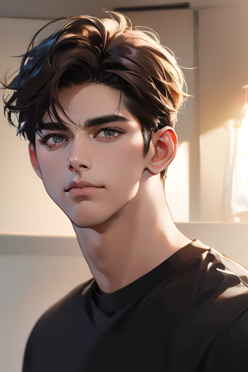 (Best quality,4K,8K,a high resolution,masterpiece:1.2),ultra detailed,(realistic,photorealistic,photo-realistic:1.37),3 man,Beautiful anime,portraits,strong,masculine,dark hair,Sharp jawline,Mesmerizing eyes,Perfectly styled hair,confident expression,bright colors,dynamic lighting,Brown eyes,(Black T-shirt),(dark skin),((mature man, man 40 years old)), (square jaw), CEO, Office Background.