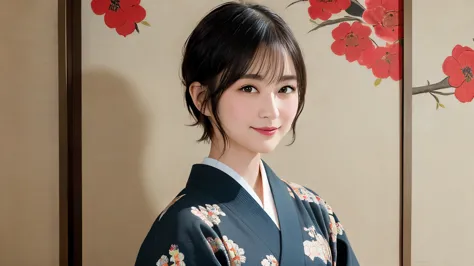 288 (20-year-old woman,short hair) , (a kind smile) , (kimono), (colorful), (japanese painting by uemura shōen), flower