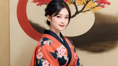 288 (20-year-old woman,short hair) , (a kind smile) , (kimono), (colorful), (japanese painting by uemura shōen), flower