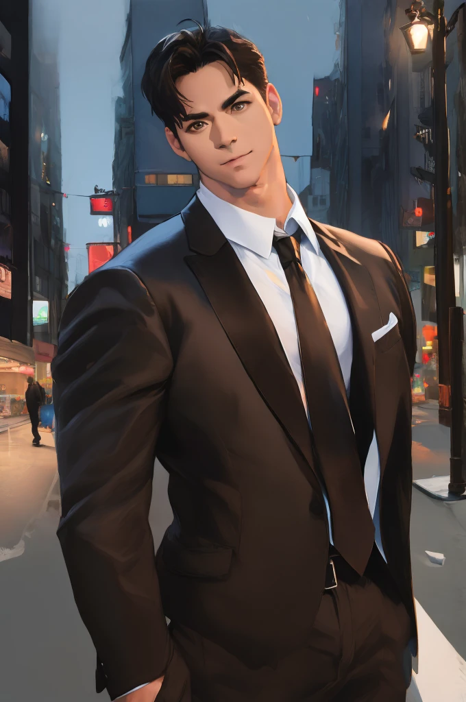 (absurdres, highres, ultra detailed, realistic, ), 1 male, solo, adult, mature, tall muscular guy, broad shoulders, handsome, very short hair, black hair, brown eyes, angular jaw, thick neck, thick eyebrows, night, dark, the night view of the city background, formal suit, necktie, upper body