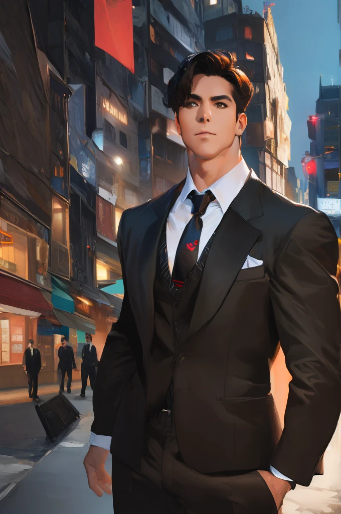 (absurdres, highres, ultra detailed, realistic, ), 1 male, solo, adult, mature, tall muscular guy, broad shoulders, handsome, very short hair, black hair, brown eyes, angular jaw, thick neck, thick eyebrows, night, dark, the night view of the city background, formal suit, necktie, upper body