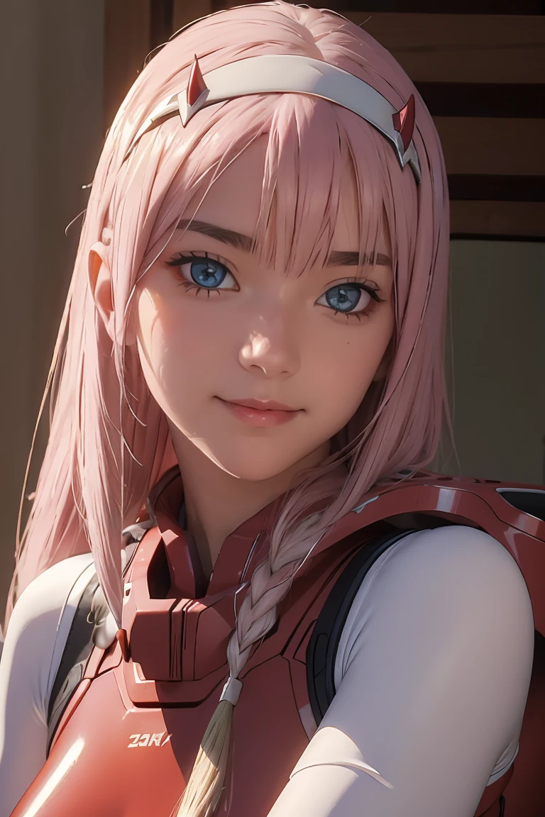 ((best quality)),((highly detailed)),masterpiece,absurdres,detailed face,beautiful face,((detailed eyes, deep eyes)),(1girl),((dynamic pose)), Zero_Two, green eyes, 1girl, solo, red bodysuit, long hair, pilot suit, pink hair, bodysuit, straight hair, hairband, standing, horns, breasts, bangs, closed mouth, looking at viewer, medium breasts, white hairband, skin tight, blunt bangs, makeup, eyeshadow, very long hair, sidelocks, expressionless, hair between eyes, red horns, shiny hair, towards viewer, smile,