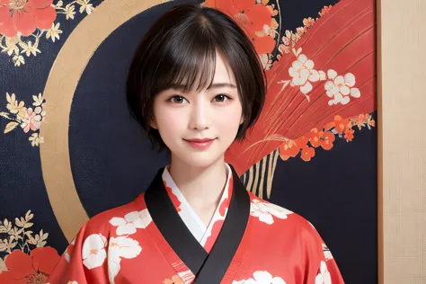 288 (20-year-old woman,short hair) , (a kind smile) , (kimono), (colorful), (japanese painting by uemura shōen), flower