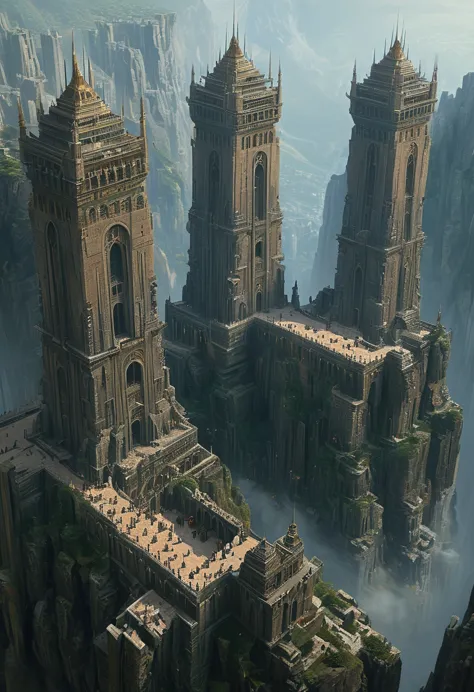 there are three extra huge towers that are built on top of a mountain, elaborate matte painting, extravagant matte painting, hig...