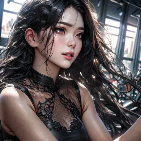 a beautiful korean (8k, hdr, uhd, expressive eyes, extremely intricate details,  hyper-realistic,  high quality). in a short bla...