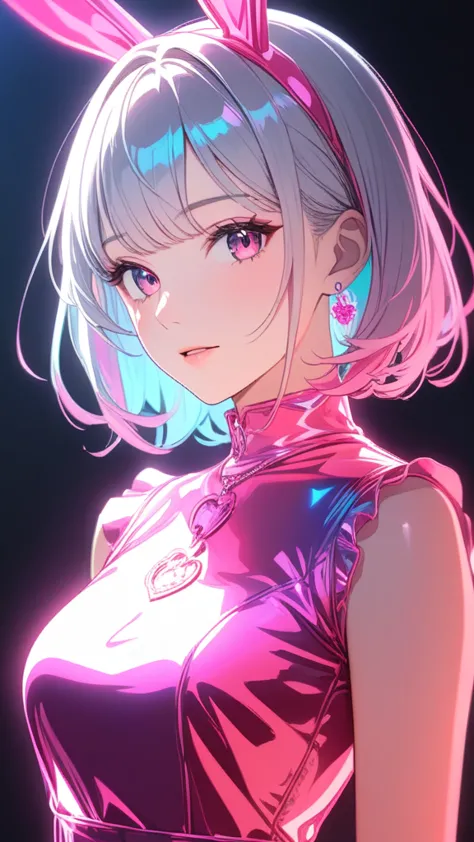 one girl, medium hair,  silver hair, pink long dress, pink bunny ears , she has large expressive pink eyes,backlight, black ligh...