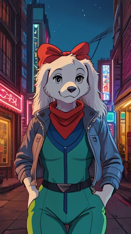 (furry female anthro, solo), highly insanely detailed, masterpiece, top quality, best quality, highres, 4k, 8k, RAW photo),((innocent look)),((ghibli style)),From the front, symmetrical composition,smile,cute,Innocent,Kind eyes,Flat chest,digital art Style, night, city, tokyo, street, akihabara, neon lights, (fayspaniel), front view, Upper body, red bow, aqua jumpsuit, cropped jacket, grey jacket, red scarf, belt, solo, (body fur:1.2), white ears