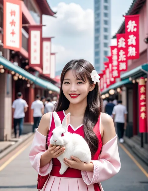 (a beautiful young taiwan girl and a gaint white  rabbit). the girl with delicate features, wearing a pink and white korean styl...