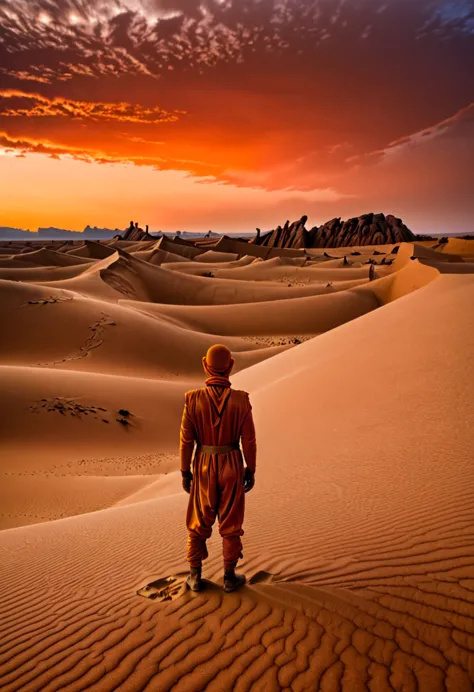 an award-winning colour photograph of an arid desert landscape on arrakis, with sand dunes stretching to the horizon, and an ora...