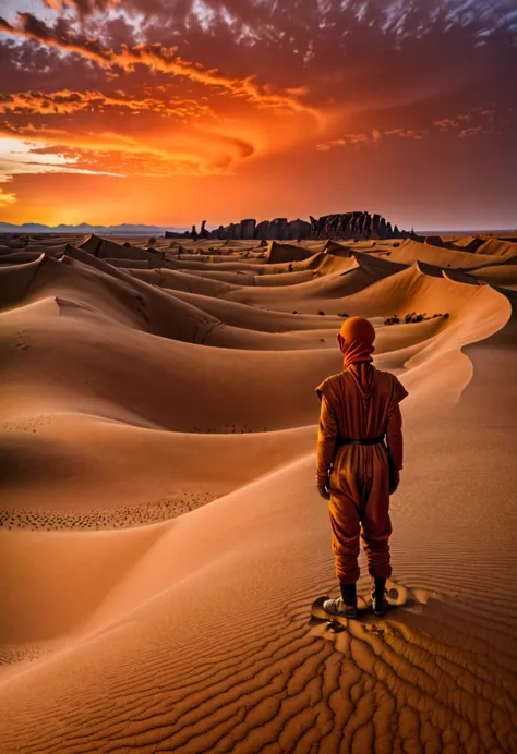 an award-winning colour photograph of an arid desert landscape on arrakis, with sand dunes stretching to the horizon, and an ora...