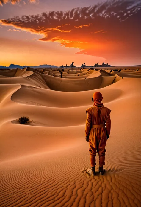 an award-winning colour photograph of an arid desert landscape on arrakis, with sand dunes stretching to the horizon, and an ora...