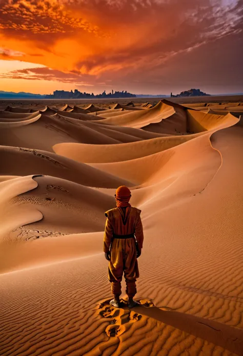 an award-winning colour photograph of an arid desert landscape on arrakis, with sand dunes stretching to the horizon, and an ora...