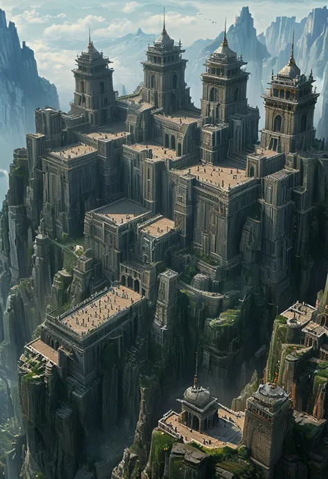 there are three extra huge towers that are built on top of a mountain, elaborate matte painting, extravagant matte painting, hig...