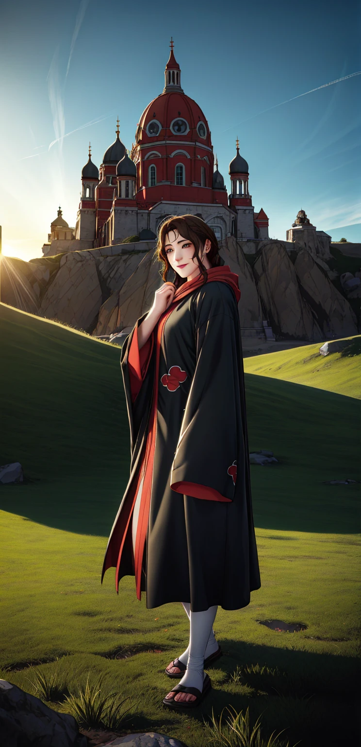 Milf Mikyung shot smiling with wearing a lovely akatsuki cloak , perfect image , perfect anatomy, perfect fingers,high quality, ultra definedcinematic landscape, epic panorama:1.2, clear sky, sunny, fairytale-like city, beautiful detailed rock formations surrounding, lush green meadow, rolling hills, intricate architecture, ornate details, golden sunlight, warm color palette, dramatic lighting, highly detailed, 8k, photorealistic, digital art, cinematic composition,