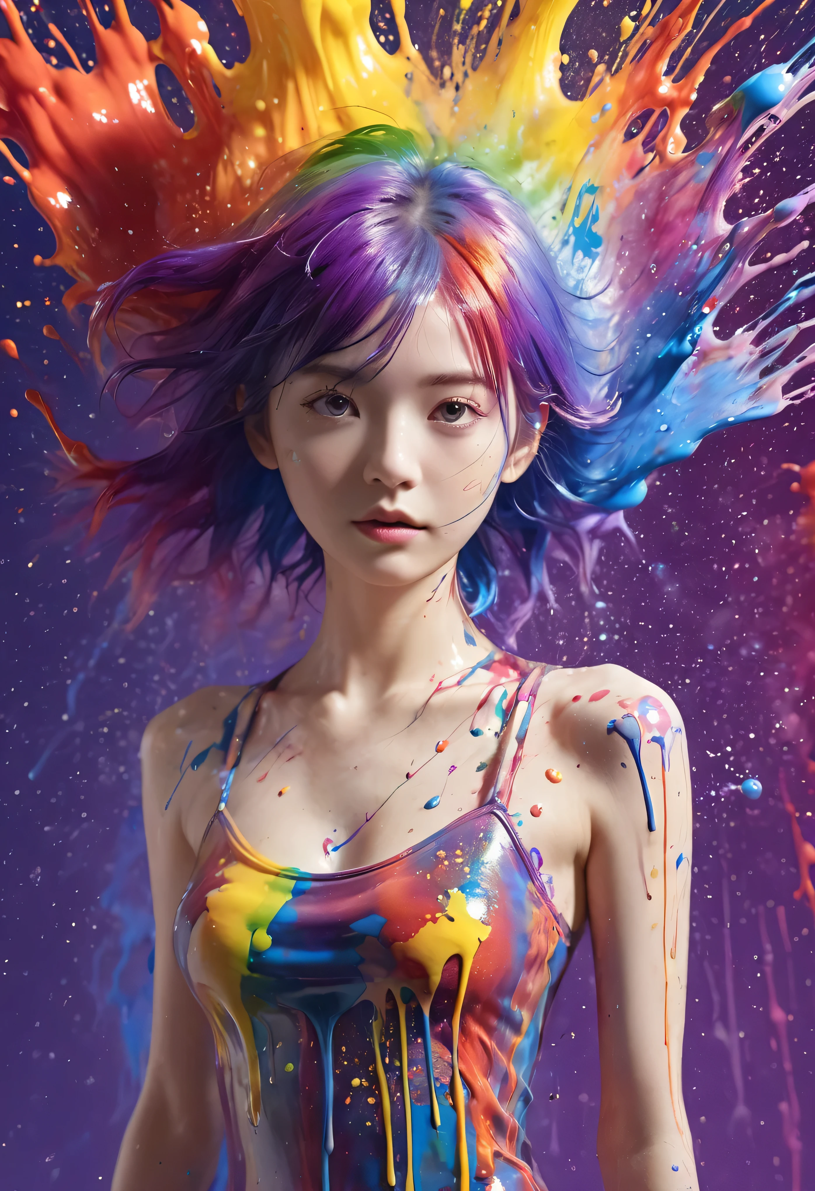 (Level Difference:1.8),(Paints collide、Splatter on canvas),(Written boundary depth),(Flat Color:1.1,(Theme)),1 person,Poster,, Young Face, Embarrassed expression, short hair, Completely naked, Medium Bust, (((She is getting liquid dye painted on her bare body with a brush..:1.4))), ((I see many hands holding brushes:1.4)), (Applying liquid dye to bare skin:1.4), full body female love,Strong winds,thick smoke,,(liquid dye for rainbow hair:1.1) I drew，anti-gravity,stringy viscous liquid,(Paint splashes:1.3),liquidity,Amazingly beautiful, masterpiece, Detailed Background,Super high quality model, wonderful background,Abstract Beauty, Volume, Painting,Blowing,Romantic lighting,Scattered under the surface,Shine,8k,High resolution, wonderful,Ray Tracing,Human Development Report,Divine Light,((hard nipples erect:1.4)), (nipples pointing up:1.4),