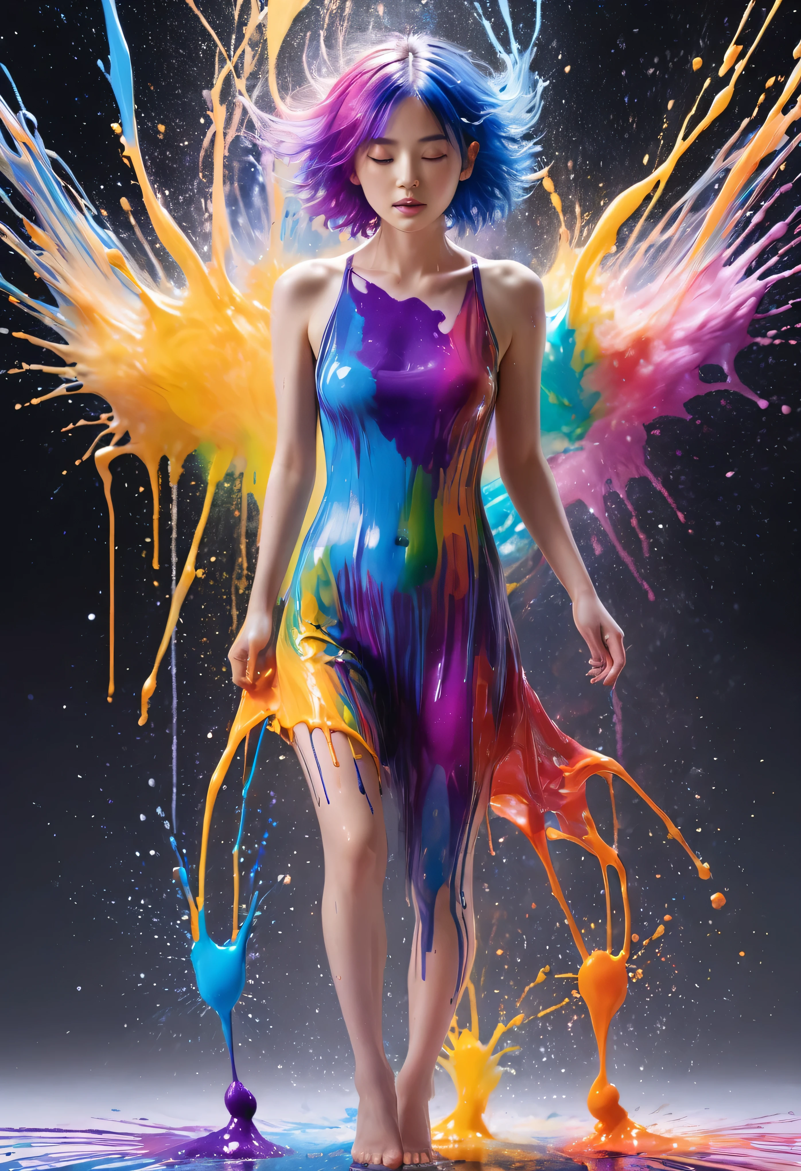 (Level Difference:1.8),(Paints collide、Splatter on canvas),(Written boundary depth),(Flat Color:1.1,(Theme)),1 person,Poster,, Young Face, Embarrassed expression, short hair, Completely naked, Medium Bust, (((She is getting liquid dye painted on her bare body with a brush..:1.4))), ((I see many hands holding brushes:1.4)), (Applying liquid dye to bare skin:1.4), full body female love,Strong winds,thick smoke,,(liquid dye for rainbow hair:1.1) I drew，anti-gravity,stringy viscous liquid,(Paint splashes:1.3),liquidity,Amazingly beautiful, masterpiece, Detailed Background,Super high quality model, wonderful background,Abstract Beauty, Volume, Painting,Blowing,Romantic lighting,Scattered under the surface,Shine,8k,High resolution, wonderful,Ray Tracing,Human Development Report,Divine Light,((hard nipples erect:1.4)), (nipples pointing up:1.4),