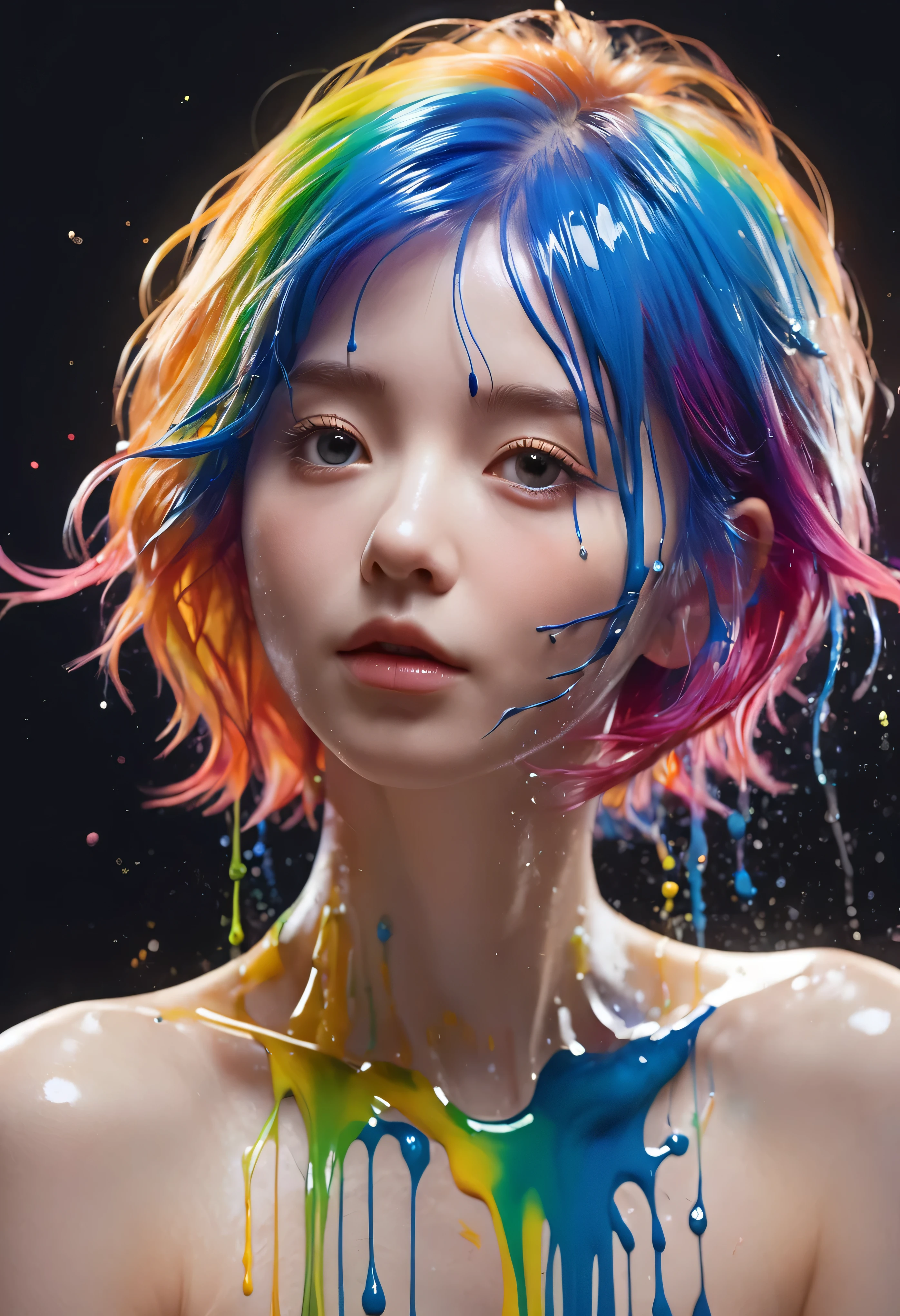 (Level Difference:1.8),(Paints collide、Splatter on canvas),(Written boundary depth),(Flat Color:1.1,(Theme)),1 person,Poster,, Young Face, Embarrassed expression, short hair, Completely naked, Medium Bust, (((She is getting liquid dye painted on her bare body with a brush..:1.4))), ((I see many hands holding brushes:1.4)), (Applying liquid dye to bare skin:1.4), full body female love,Strong winds,thick smoke,,(liquid dye for rainbow hair:1.1) I drew，anti-gravity,stringy viscous liquid,(Paint splashes:1.3),liquidity,Amazingly beautiful, masterpiece, Detailed Background,Super high quality model, wonderful background,Abstract Beauty, Volume, Painting,Blowing,Romantic lighting,Scattered under the surface,Shine,8k,High resolution, wonderful,Ray Tracing,Human Development Report,Divine Light,((hard nipples erect:1.4)), (nipples pointing up:1.4),