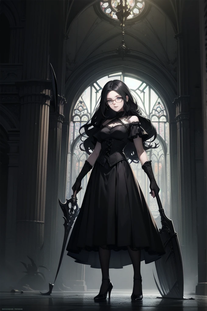 beautiful girl、cute、baby face、smile、Glasses、Long skirt、Black pumps、Magic wand、Magic Broom、witch、beautiful girl、(Best Quality,4K,High resolution,Masterpiece 1.2),Very detailed,Real 1.37,Spooky altar background,Dark fantasy,Black color scheme,Ominous atmosphere,Eye-catching,Storytelling,anatomy,Anime Style,Concept Art,Inappropriate behavior,Scythe Face,beautiful, Delicate facial features, pale Skin, Dark Background、Dark Background, Cinema Lighting, Dramatic Shadows, Gothic, Gloomy atmosphere, Dark fantasy, One Person&#39;S, Red cheeks, ,(Blood splatter 1.3),Scary smile, smile,Angel Design, TwiSted smile、Bloody,(Blood splatter 1.3),skull,Horror Style, ((Fantasy Sweet Ta Frill Black Costume)), ((Flowing Black Hair)), Female Curves, Sexy flat stomach, Perfect hands, Perfect anime character face, (Black Dress)), Standing, ((Evil smile)), ,(Dark fantasy1.3), Steam circulation, Moonlight Illumination, night lighting, (Blood splatter 1.3),Anime Angel Design, Gothic Gothicarchitecture、architecture、Western architecture、Fantasy World、,Victorian city, Skeleton Gas Light,Absurd, High resolution、 ((Tabletop)), ((Best Quality)), (Very detailedな), ((Very detailed)), (beautiful), ((cute)), (Nafswa 1.8), One Personで,(1.6)、beautiful face、Full Body Ezbian、pale, Beautiful skin、Big Breasts、Beautiful black hair、Long Hair、Smile gently、Dark building ruins、(snow white&#39;Frill dress 1.3)、(The dark ruins are Bloody 1.3)、Low angle full body shot、(Glasses 1.2)、(Creepy 1.3)、(The girl lost a lot of blood...........1.3)、(crazy smile1.6)、Spirits、(Blood dripping from the mouth 1.3)、（Glasses 1.5）、Wearing Glasses、Droopy eyes、Glasses、Gothic Dress、bangs, Long Hair, Black Hair、Dark fantasy background