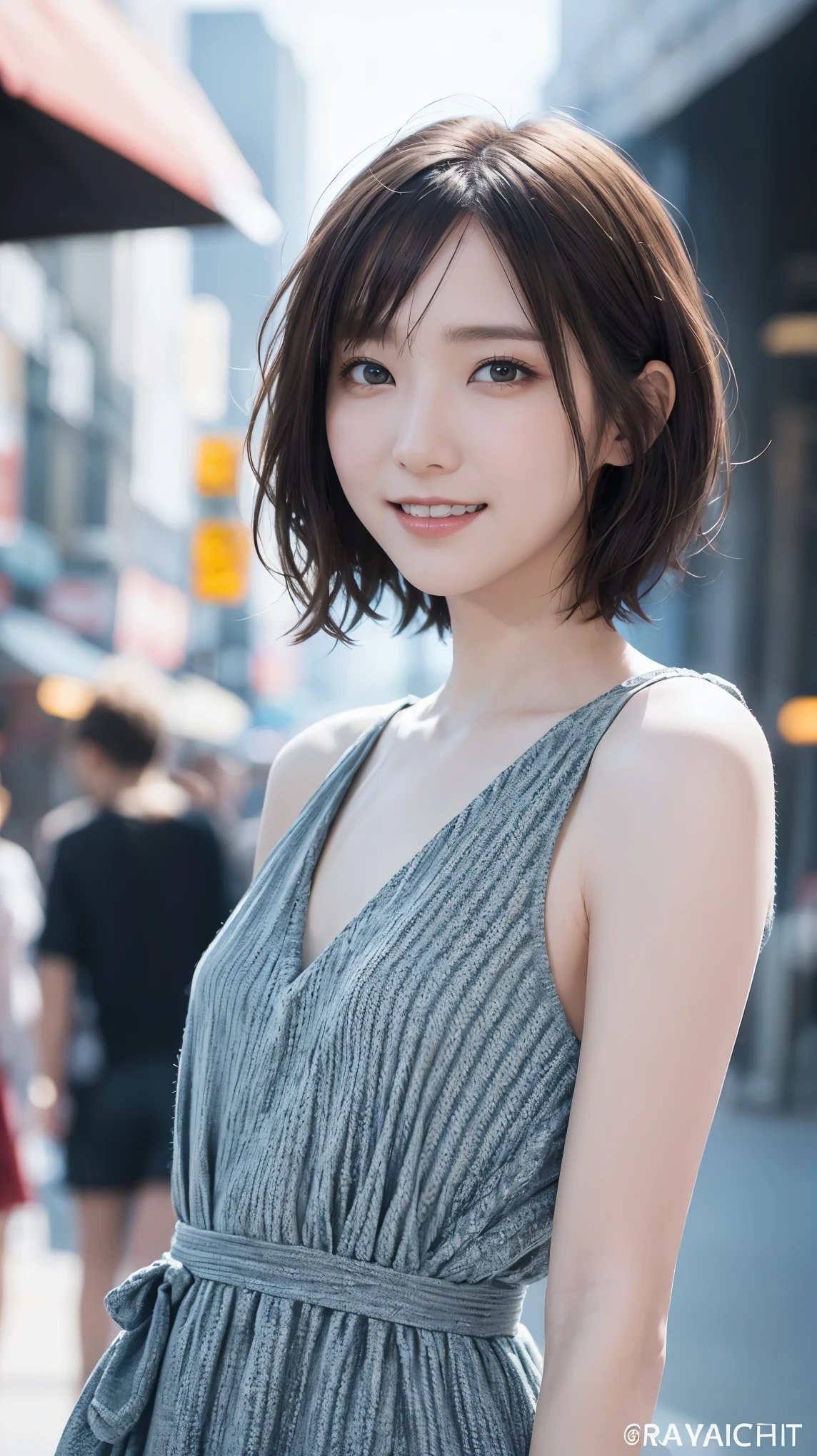 masterpiece, Best Quality, Highest quality, beautiful girl, Cute Face, 8k, Official Art, RAW Photos, When you go out in the city during the hot season, please wear cool clothes., (Asymmetrical Short Hair＋Short cut:1.3), Teen, Face Light, Film Grain, chromatic aberration, Sharp focus, Please give me your gaze, Very happy smile, Show me your little teeth, Dynamic Lighting, Cinema Lighting, ID photo, Photo of your face, Upward glance, Staring at the audience