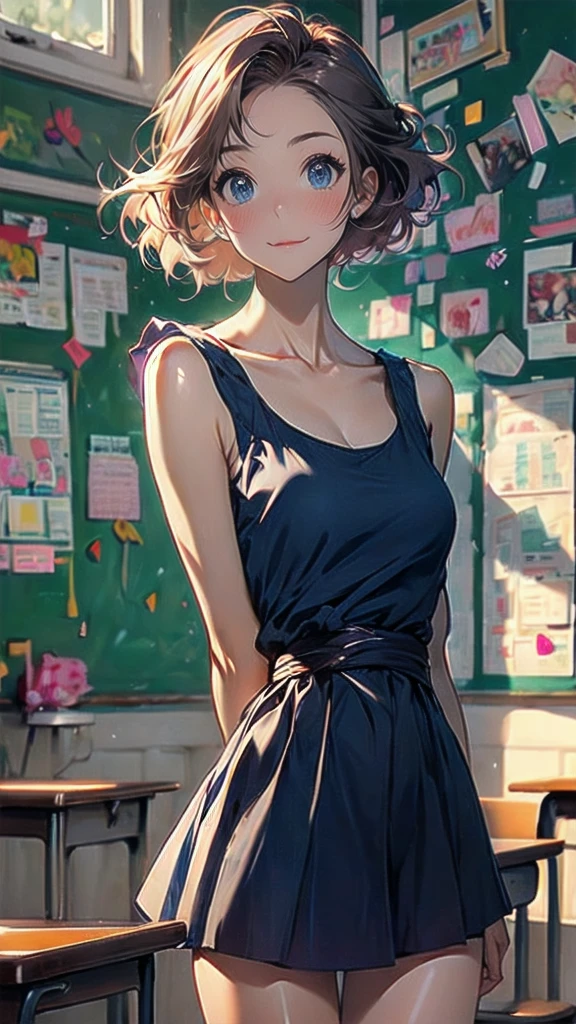 (masterpiece), 1 Girl, Open your mouth, blush, cosmetic, A faint smile, School Uniform, classroom, Light, glow, thigh, clavicle, Narrow waist, (masterpiece), wallpaper