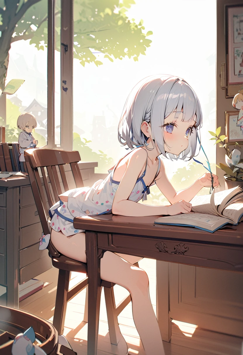 Pure, One girl, high quality, 最high quality, figure, masterpiece, Very detailed, Very detailed, pajamas, Sleeveless, The back is open, Young girl, String ribbon, Braiding, Arm on desk, Sitting in a chair, At home, Flat Chest, Children reading a book, Short Hair, tree, fate, sex