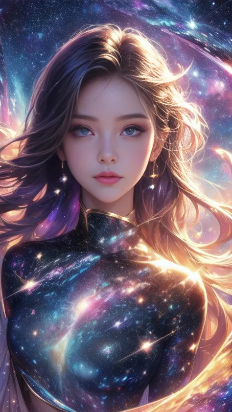 high detail, super detail, ultra-high resolution, girl enjoying time in fantasy galaxy, surrounded by stars, the warm light shin...