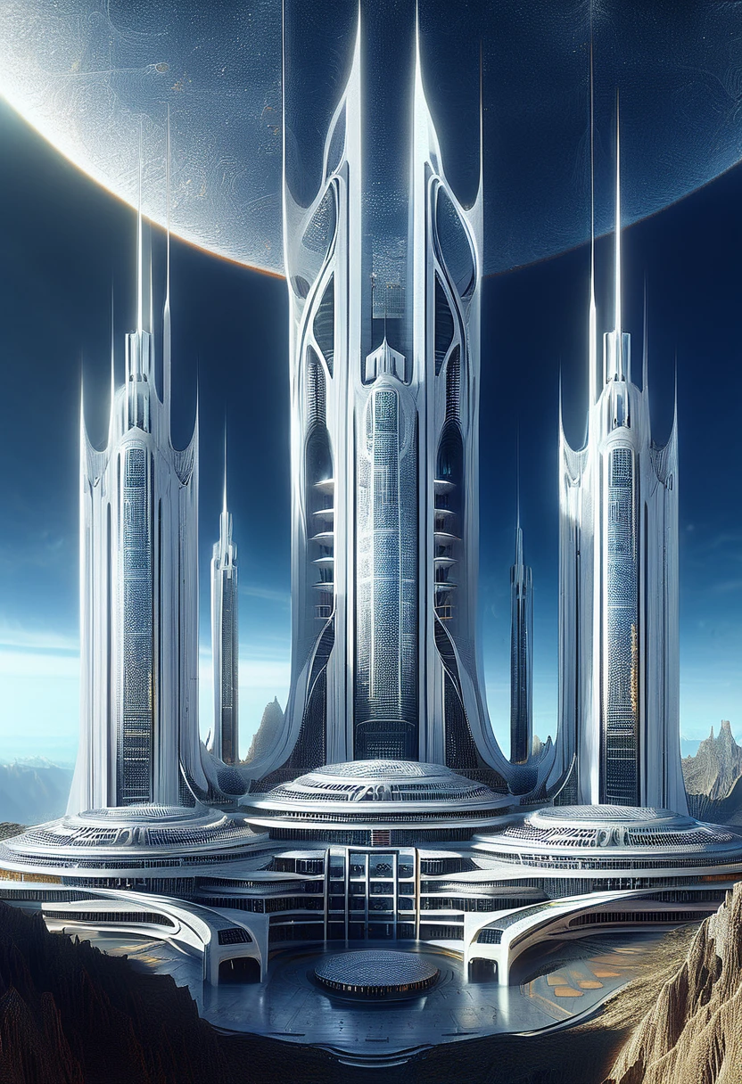 there are three extra huge towers that are built on top of a mountain, elaborate matte painting, extravagant matte painting, high fantasy matte painting, matte painting in fantasy style, sci fi ancient civilization futuristic, futuristic round architeture alien buildings, ctryexquisite matte painting, highly realistic concept art, fantasy matte painting, symmetric matte painting, 4 k matte painting, amazing exquisite matte painting, stunning matte painting, high quality matte painting, epic matte painting