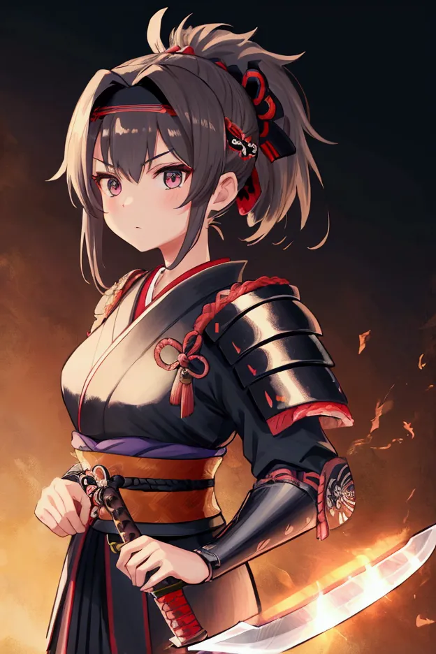 masterpiece,best quality,high image quality,ponytail,armor,headband,female samurai,samurai,knife,brave